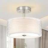 Ceiling Light, 3-Light Ceiling Light Fixture, Semi Flush Mount Ceiling Light, Light Fixtures Ceiling Mount with Double Fabric Shade, Bedroom Lights for Ceiling,Gray Ceiling Light Fixtures for Bedroom