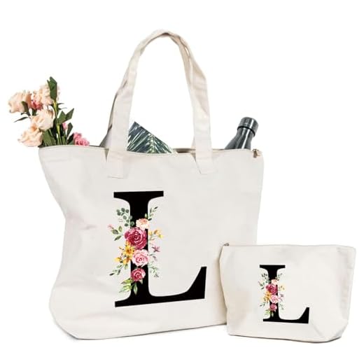 Letras Personalizadas Bolsa de lona, Bolso Tote de Mujer con Inicial y Flores Bolsa de Compras con Bolsillo Interior Alfabeto Bolso de Cosméticos Regalos para Damas Amigas Mamá Regalo Cumpleaños(L)