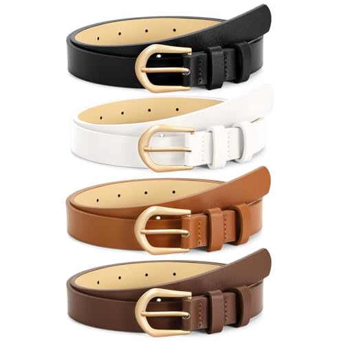 Image of VONMELLI 4 Pack Womens Thin Leather Belt Skinny Waist Belts for Women Fashion Jeans Dress with Gold Buckle