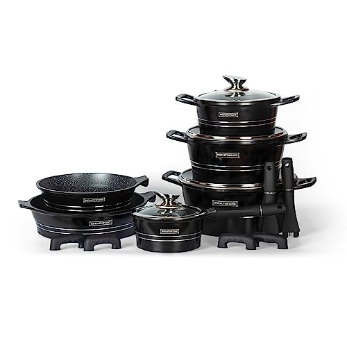 Royalty Line® Topfset 14 Tlg. Schwarz - Töpfe Set geeignet für Induktion - Kochtopf Set & Pfannen mit Anti Haft Beschichtung - Pfannenset aus Alu mit Hitzeschutz Silikon Griffen - Topf set mit Deckel