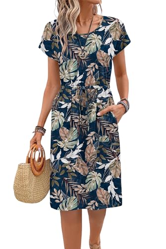 Image of PLOKNRD Women's Summer Dress 2026 Short Sleeve Round Neck Tie Waist Floral Beach Midi Dress with Pockets(Tropical Leaf,M)