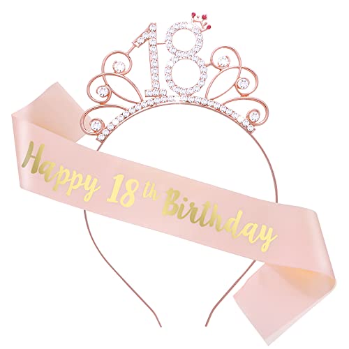 Abeillo Couronne de 18e anniversaire et diadème en strass pour filles, écharpe en satin or rose, couronne en cristal pour 18e anniversaire pour femme, décorations de fête d'anniversaire