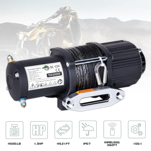 AC-DK 4500 lb. Electric Synthetic Rope ATV/UTV Winch Kits, DC 12V Wireless Winch for Towing Off Road Trailer Winch with Wireless Remote Control, Winch Mounting Bracket, Winch Rope Stopper