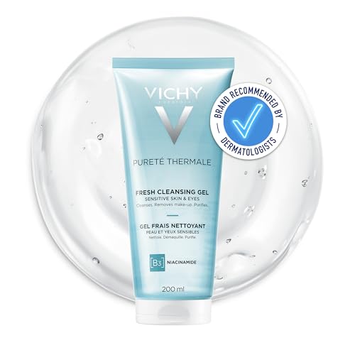 Image of Vichy Pureté Thermale Fresh Cleansing Gel, One Step Purifying Face Wash and Makeup Remover with Niacinamide and Moringa, For Sensitive Skin and Eyes, 200ml