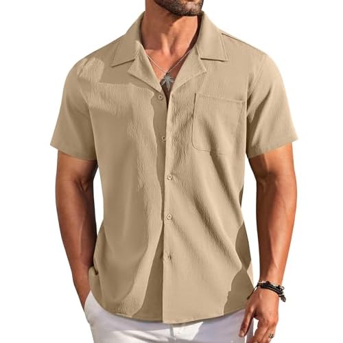COOFANDY Men’s Casual Shirts Short Sleeve Cuban Collared Shirt Summer Button Down Shirt Tropical Beach Textured Shirts