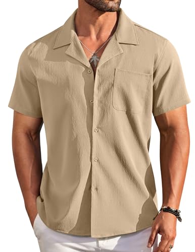 COOFANDY Men's Casual Shirts Short Sleeve Cuban Collared Shirt Summer Button Down Shirt Tropical Beach Textured Shirts