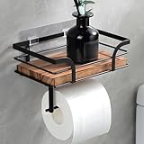 YIGII Rustic Farmhouse Toilet Paper Holder with Shelf - Wooden Tissue Paper Roll Holder, Bathroom Wall Mounted Toilet Paper Roll Holder with Wipes Storage, Black Metal