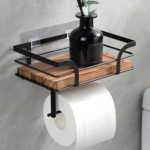YIGII Toilettenpapierhalter Mit Ablage-Klopapierhalter Mit Feuchttücherbox Klopapierhalter Holz Wc Papier Halterung Ohne Bohrung Selbstklebend&Wandmontage für Badzimmer