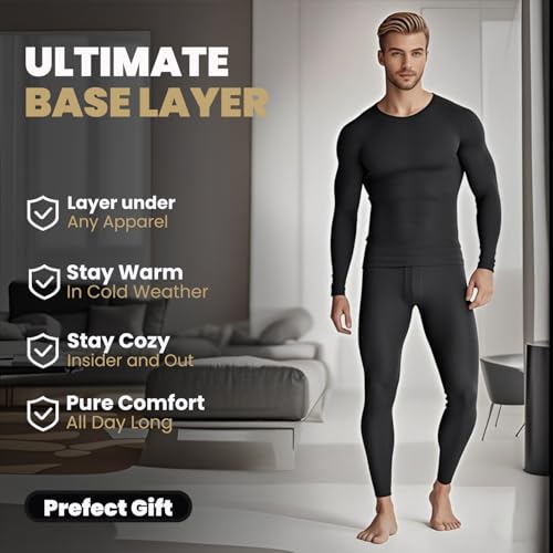 طقم ملابس داخلية حرارية للرجال من بي زد في توي مصنوع من الصوف الناعم للغاية باكمام طويلة مكون من بلوزة وسفلية، طقم مكون من طبقة اساسية مبطنة للطقس البارد