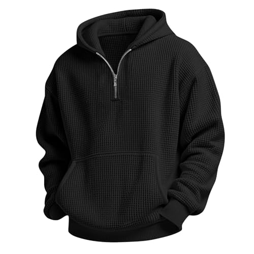 Boys' Waffle Knit Hooded Sweatshirt Kids Long Sleeve Quarter Zip Pullover Hoodies with Pocket Fashion Clothes Black
