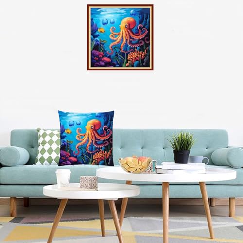 Image of Lovxvouy Pillow Cross Stitch Kits for Adults Beginners-Preprinted Needlepoint Kit Stamped Crossstitching Kits 11CT Cross-Stitch Kit Stitches Kit Embroidery Kits-Underwater World 18x18 inchs