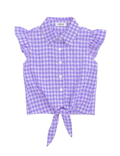 Image of Girls Sleeveless Plaid Button Down Shirt Summer Crop Tops Tie Knot Ruffle Sleeve Shirt Blouse 3-12Y