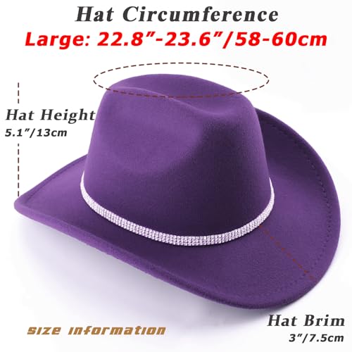 Image of DRESHOW Glitter Cowboy Hat Classic Western Rhinestone Cowgirl Hat Outdoor Wide Brim Retro Felt Fedora Hats Rolled up Caps