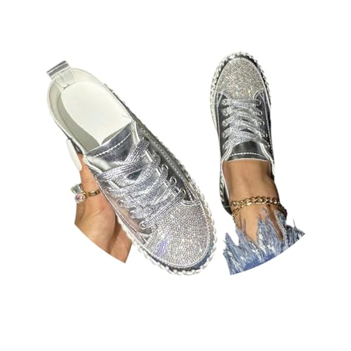 Minetom Baskets Mode Femme Tennis Paillettes Sneakers Basse en PU Cuir avec Strass Brillants Chaussures À Lacets De Nightclub A Argent 41 EU