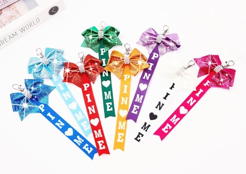 Image of Cheer Pin Me Ribbon Cheerleader Pin Me Bow Cheer Bow Keychain with Rhinestones Cheerleading Sports Accessory Gift