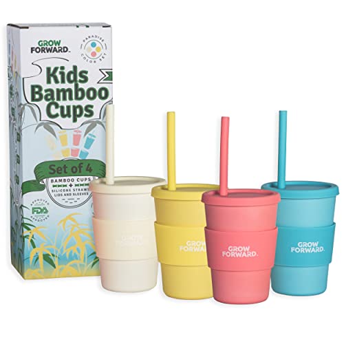 Grow Forward Bamboo Cups - Kids Cups with Straws and Lids - Eco Friendly BPA Free - Dishwasher Safe â€“ Reusable 10 OZ Cups with Silicone Lids - Drinking, Smoothies - Paradise