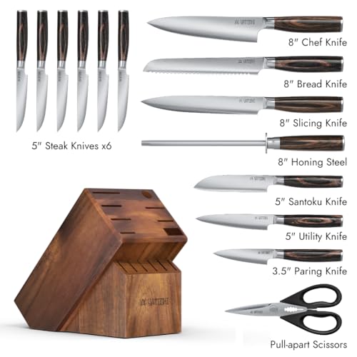 Image of Yatoshi 15 Piece Knife Block Set - Pro Kitchen Knife Set Ultra Sharp High Carbon Stainless Steel with Ergonomic Handle, New