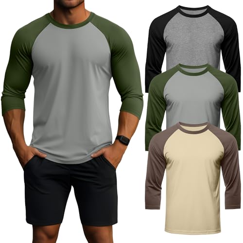 Huukeay 3 Pack Men's 3/4 Sleeve Shirts Cotton Crew Neck Baseball T Shirts Moisture Wicking Athletic Tops