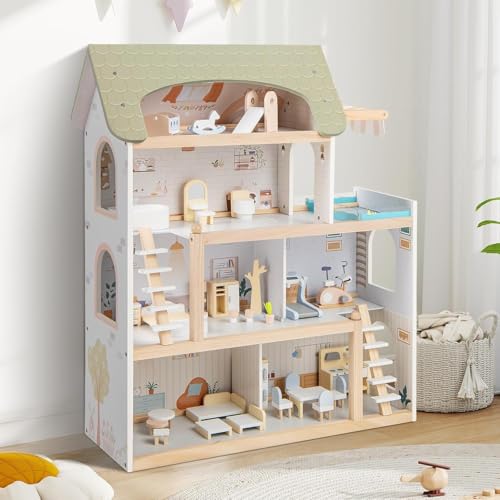 RELAX4LIFE Casa de Muñecas Madera de 4 Pisos con 33 Accesorios, 6 Habitaciones, Terraza, Piscina y 2 Escaleras, Casita de Muñecas de MDF y Madera Pino para Niños 3+ Años, Regalo Niña, 62x25x78cm