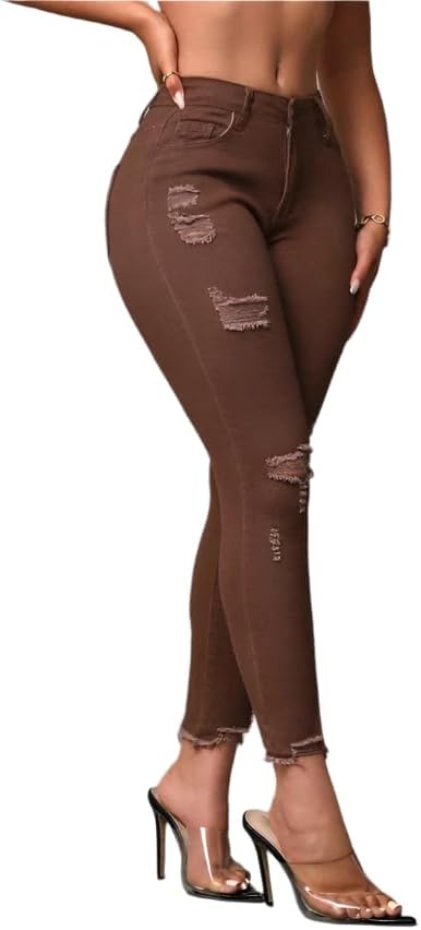 Women's Ripped Skinny Cropped Jeans – Curved Fit, Cotton Blend