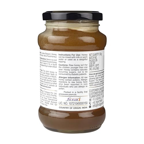 INDIGENOUS HONEY Lychee Honey Raw Natural Pure Unprocessed NMR Tested Unpasteurized Unheated 530g Glass Jar Pack of 1