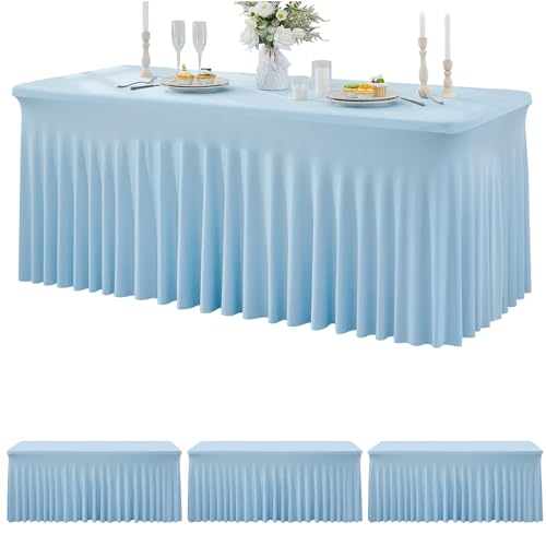 Image of 3 Packs Baby Blue Spandex Tablecloths for 6 Foot Rectangle Tables, Stretchy Fitted 6FT Blue Table Skirt for Wedding Party, Wrinkle Free Tablecloths for Banquet Wedding Birthday Party