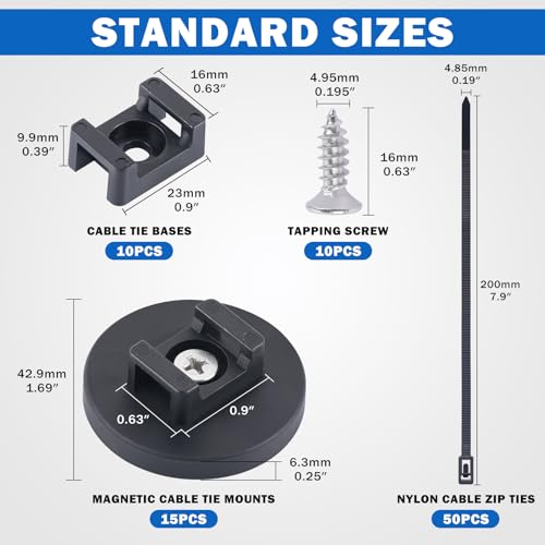 Taiidaues Magnetic Cable Zip Tie Mounts, 15 Pcs Heavy Duty Magnet Wire Holder Automotive Multipurpose & 50 Pcs Zip Ties & 20 Pcs Cable Tie Mounts with Tapping Screws for Wire Organization(43mm 85 Pcs) by Taiidaues - Image 2