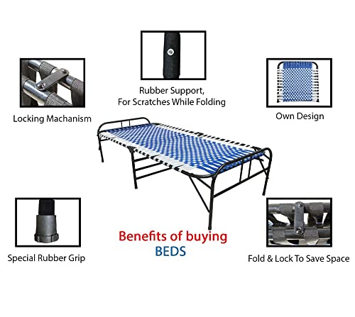 Image of Folding Bed | 1 Year Warranty | Portable Single Bed | 3X6 Feet Bed Size | Strong Iron Steel Metal Frame Pipe | Bed for Sleeping Guest, Easily Storable (Synthetic Stripe, Blue)