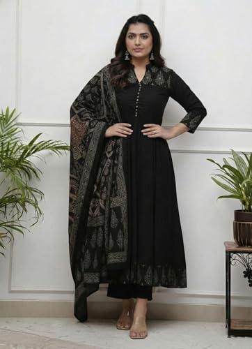 Image of GoSriKi Women's Rayon Viscose Anarkali Printed Kurta Pant with Dupatta | Anarkali Kurta Set for Women | Flared Kurti Pant Set | Ethnic Printed Suit for Women