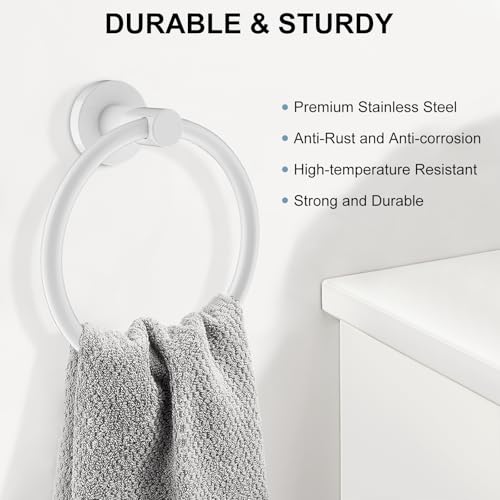 Image of SetSail Towel Holder for Bathroom Wall Screw-in White Towel Ring Stainless Steel Hand Towel Holder Heavy Duty Towel Hanger for Bathrooms
