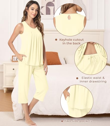 Image of NACHILA Pajamas for Women-Viscose Made from Bamboo, Sleeveless Pjs Tank Top Capri Pants Pajama Sets Cooling Sleepwear