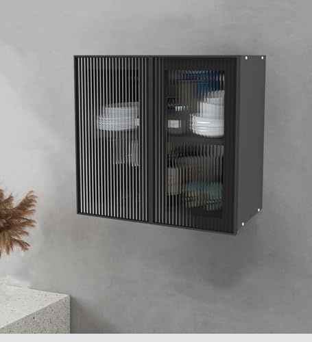 Image of SPECIALITY PANELS Aluminium Black Profile 2 Door Wall Cabinet | Fluted Glass Handless Shutters | Wall Mounted Kitchen Storage Cupboard | Space Saving Multipurpose Storage Unit | DIY Assembly