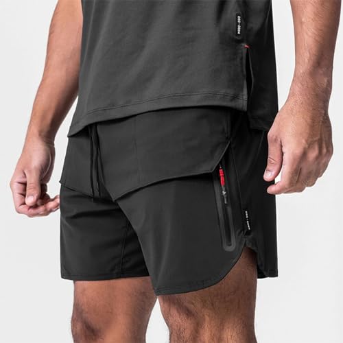 Hombres Pantalónes Cortos de Deportivos 2 en 1, Deporte Short con Cremallera Bolsillos, Tenis Fitnes