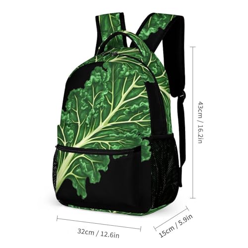 Green Kale Leaf Printed Backpack with Lunch Box Bag Pencil Case Pouch 3pcs Daypack Set for Women Men2
