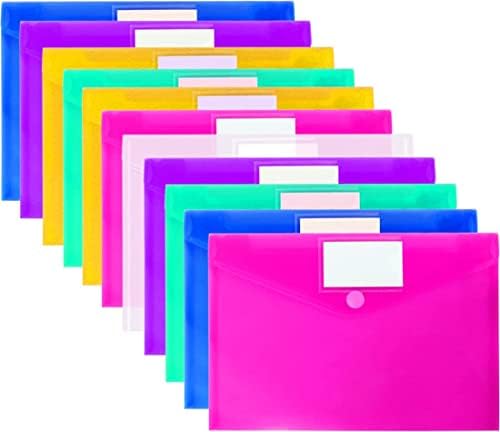 OUTYLTS 11 Pack Plastic Poly Filing Envelopes, Clear Document Folders US Letter A4 Size File Envelopes with Label Pocket & Paste Button for School Home Work Office Organization, 6 Assorted Color