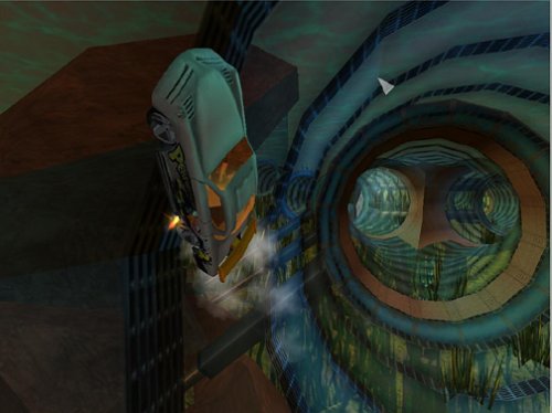 Gameplay screenshot of a white Hot Wheels car driving through a large, circular tunnel with glowing patterns.