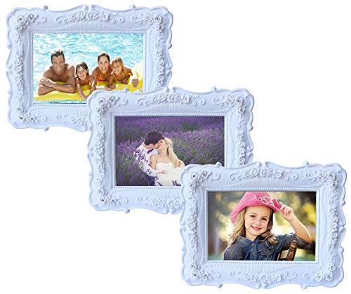 OLIVERY Victorian Inspired Flower Photo Frame - 4" X 6" Easel Soft Velvet Back Floral Picture Frames - Hand-Painted Resin & Glass Home Decor - Great Gift Idea, Wedding Gift & More (3 Packs)