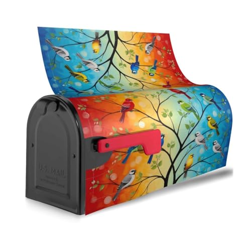 Image of Colorful Birds Tree Mailbox Cover Magnetic Birds On Branch Waterproof Mailbox Wraps Post Letter Box Decor 25.5x21 in