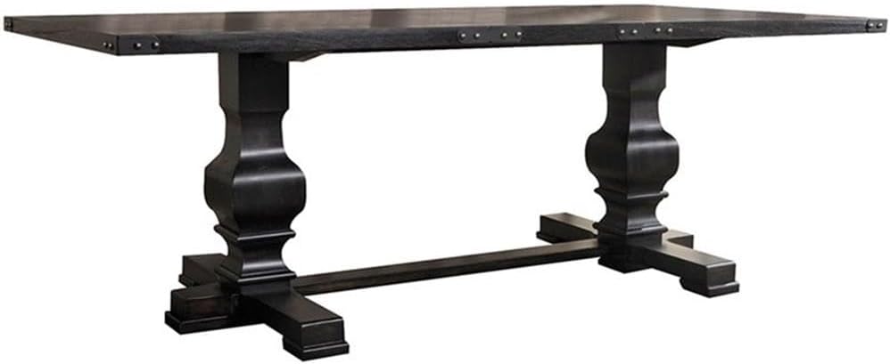 Pemberly Row Contemporary Rectangular Dining Table, 88" x 40", Rubber Wood/Mindy Veneer, Vintage Black Finish, Trestle Base with Metal Nail Edge, Durable Indoor Dining Room Table for Everyday Use