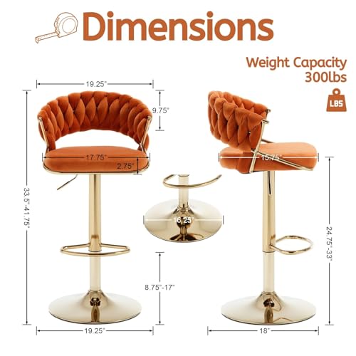 Butacos regulables de terciopelo LukeAlon, color naranja, con base dorada giratoria y reposapiés, para barra o cocina, juego de 2 piezas miniatura 2