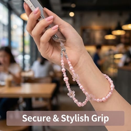 Uchyius Cherry Blossom Phone Charm Wristlet - Kawaii Pink Beaded Lanyard Strap - Cute Aesthetic Camera Phone Chain Y2K - 2