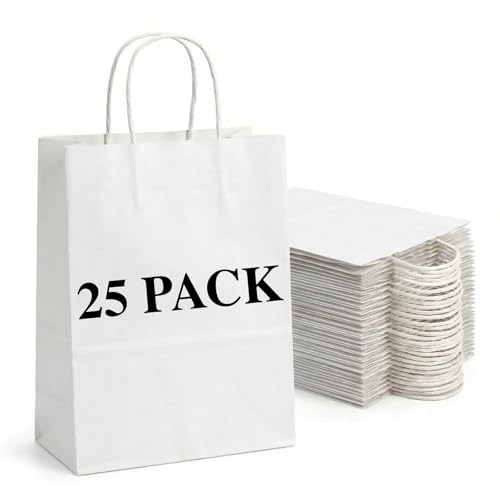 DEWJDFSC 25Pcs White Paper Gift Bags with Handles Bulk Medium 8.3x4.3x10.5 Inch White Kraft Paper Bags for Gifts, Festival, Shopping, Retail, Party