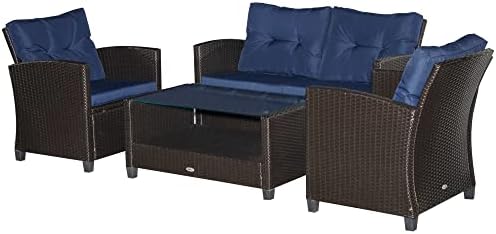 Outsunny 4-Piece Patio Furniture Set, Rattan Wicker Chair w/Table, Outdoor Conversation Set with Cushion for Backyard, Porch, or Garden, Blue