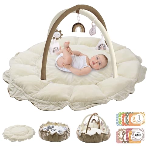 Image of HAN-MM Little Dove 5-in-1 Convertible Baby Play Gym with 6 Toys, Tummy Time Mat for Sensory Development, Baby Activity Center for Newborn & Toddler, Ball Pit, Soft Pet Mat, No Ball Included Brown