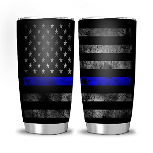 Hasdon-Hill Thin Blue Line Flag Tumbler, USA Police Flag Stainless Steel Insulated Travel Coffee Mug 20 oz