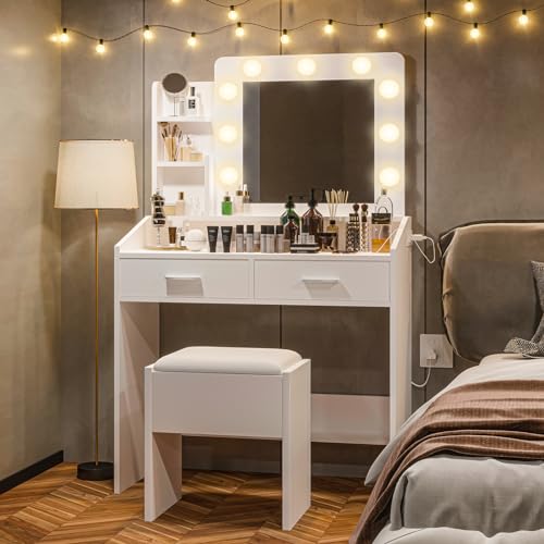 GarveeHome Vanity Desk with Mirror and Lights, Makeup Vanity with Power Outlet & Cushioned Stool, 3 Lighting Modes Adjustable Brightness, Dressing Table with Hairdryer Holder for Bedroom, White