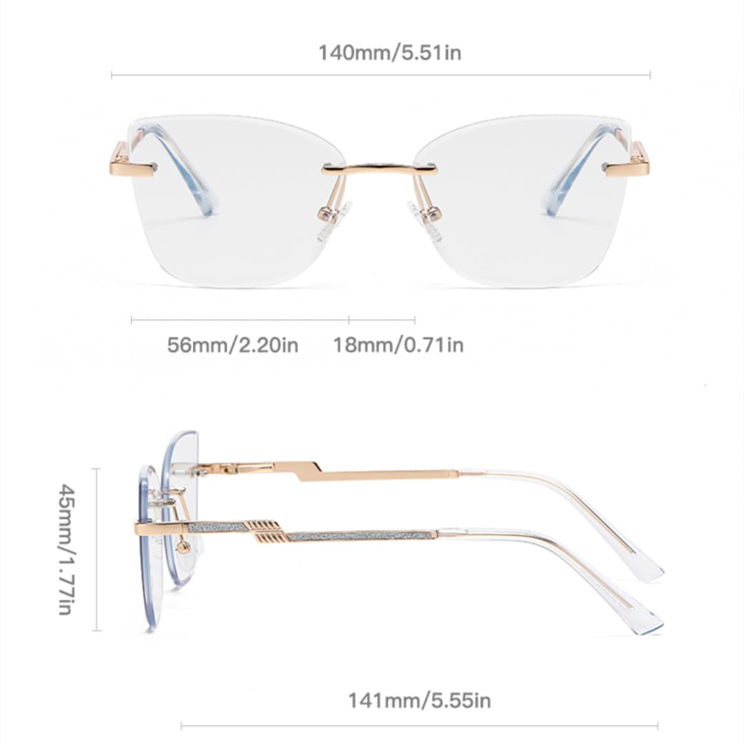 Gafas de sol de lujo sin montura con filtro de luz azul y efecto ojo de gato para mujer.