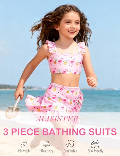 Image of ALISISTER Girls Swimsuit 3 Piece Bathing Suits Summer Bikini Tankini Sets with Cover Up Skirt for 4-12 Years