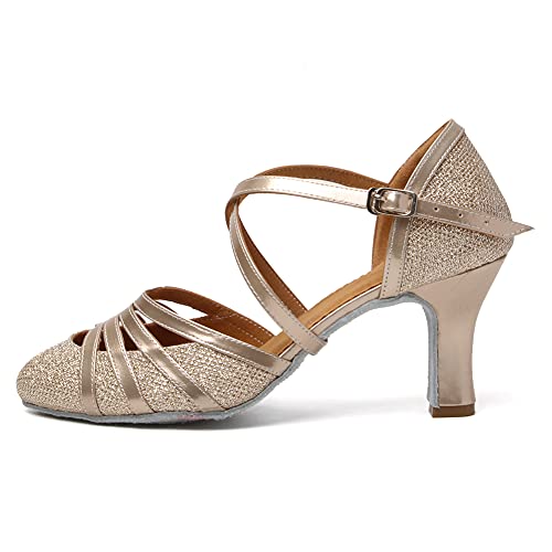 HROYL Chaussures de Danse Latine Femme Salsa Bachata Paillettes Bout Fermé Chaussures Danse Tango de Salon 512 Champagne 38.5 EU