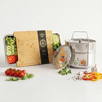 Ecozoi Stackable Steamer Insert Pans for Instant Pot 6 & 8 Quart, 2-Tier Pot in Pot with 5 Mini Cups + Extra Large Bamboo Cutting Board with 4 Drawers, 2 Graters | Non-Slip Meal Prep Station